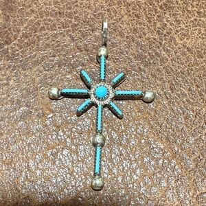 Vintage American Zuni Petit Point Turquoise and Silver cross